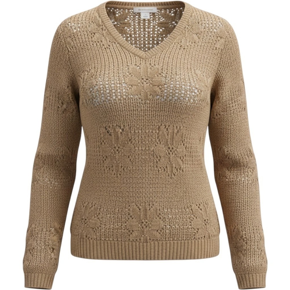 CHRISTOPHER & BANKS Sweater Women S Tan Open Knit Ramie Cotton Floral Boho Chic